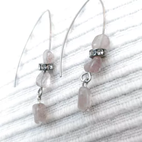 Boucles d'oreilles grands crochets en acier inoxydable et quartz rose
