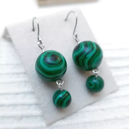 Boucles d’oreilles pendantes crochets en malachite et acier inoxydable