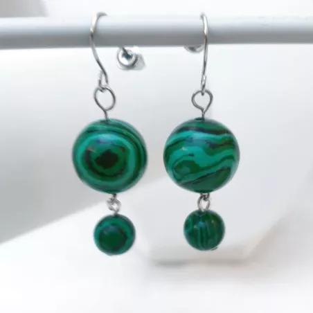Boucles d’oreilles pendantes crochets en malachite et acier inoxydable