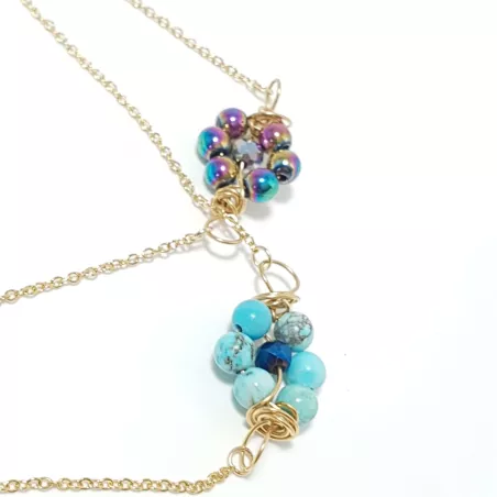 collier long rope Alysson acier inoxydable argenté ou dorée avec fleurs en pierres naturelles