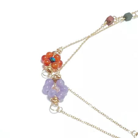 collier long rope Alysson acier inoxydable argenté ou dorée avec fleurs en pierres naturelles