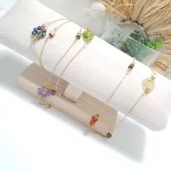 collier long rope Alysson acier inoxydable argenté ou dorée avec fleurs en pierres naturelles