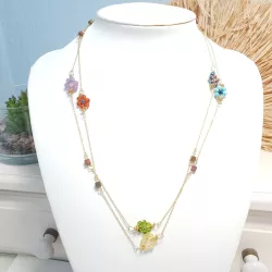 collier long rope Alysson acier inoxydable argenté ou dorée avec fleurs en pierres naturelles