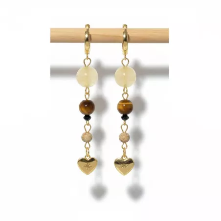 Boucles Mimi pendantes en pierres naturelles et breloque coeur
