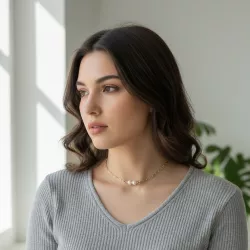 Collier Nova avec perles d’eau rosée et blanche porté