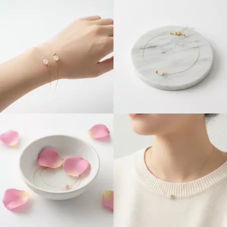 Collier Nelumbo acier inoxydable pierre naturelle et hematite quartz rose