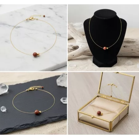 Collier Nelumbo acier inoxydable pierre naturelle et hematite jaspe