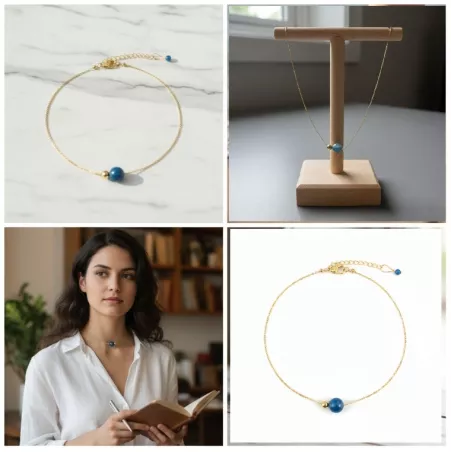 Collier Nelumbo acier inoxydable pierre naturelle et hematite apatite