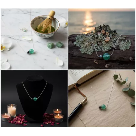 Collier Nelumbo acier inoxydable pierre naturelle et hematite aventurine