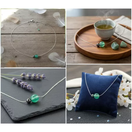 Collier Nelumbo acier inoxydable pierre naturelle et hematite aventurine