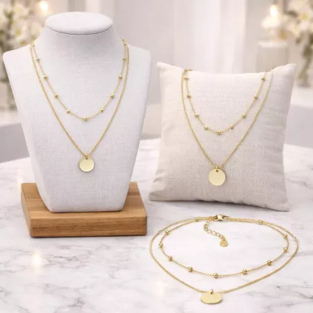 collier celebrite double rang medaille finition doree