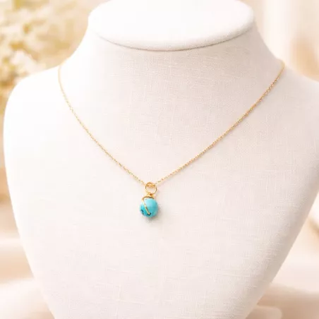 Collier pendentif Anse en pierre naturelle et acier inoxydable doré et turquoise