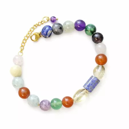Bracelet chakra en acier doré avec pierres naturelles de 8mm et chaîne réglable