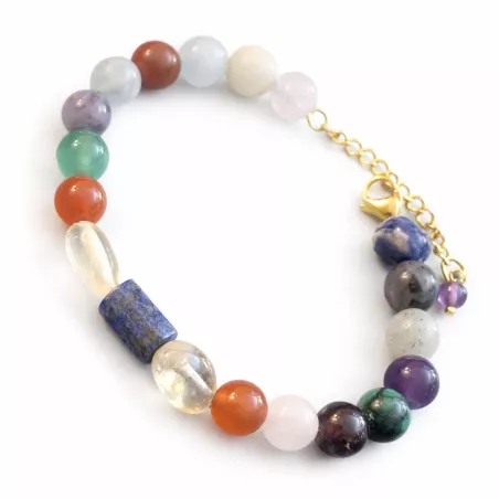 Bracelet chakra en acier doré avec pierres naturelles de 8mm et chaîne réglable