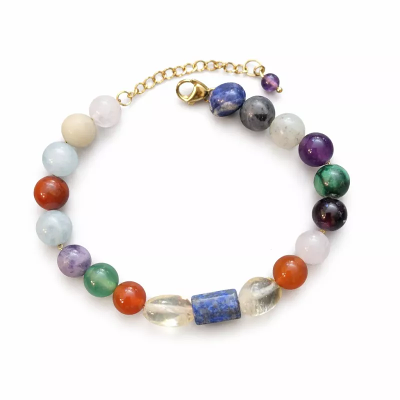 Bracelet en acier inoxydable doré avec pierres naturelles multicolores et fermoir homard