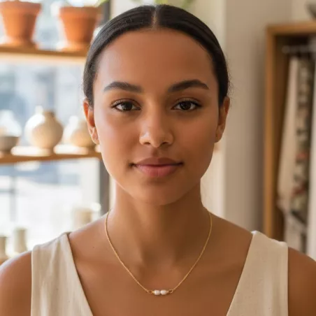 Collier fin Rusalka avec perles d eau ovales et chaine acier inoxydable porté