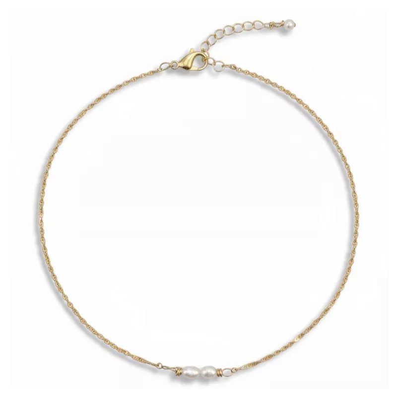 Collier fin Rusalka avec perles d eau ovales et chaine acier inoxydable doré