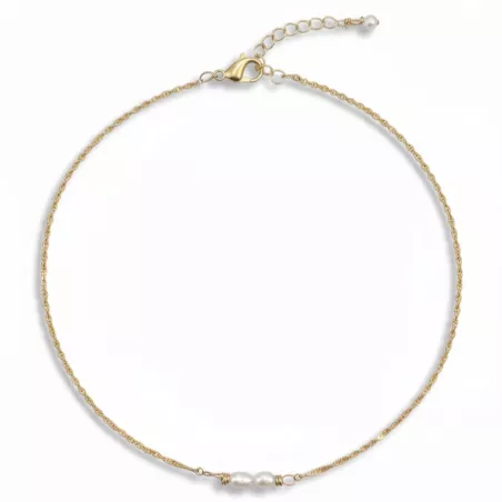 Collier fin Rusalka avec perles d eau ovales et chaine acier inoxydable doré