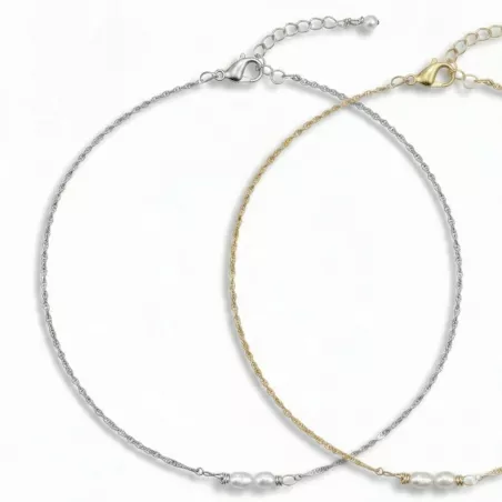 Collier fin Rusalka avec perles d eau ovales et chaine acier inoxydable doré ou argenté