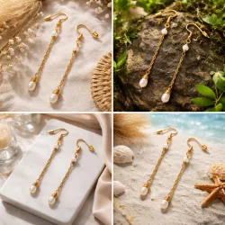Boucles d oreilles pendantes Rusalka avec perles d eau et nacre facettee