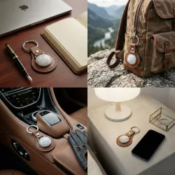 Porte-cle artisanal simili cuir et pierre naturelle cabochon 25 mm sur fond neutre