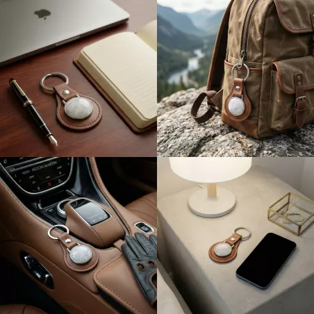 Porte-cle artisanal simili cuir et pierre naturelle cabochon 25 mm sur fond neutre