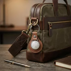 Porte-cle en cuir et pierre naturelle accroche a un sac