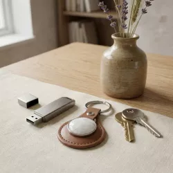 Porte-cle artisanal simili cuir et pierre naturelle cabochon 25 mm sur fond neutre
