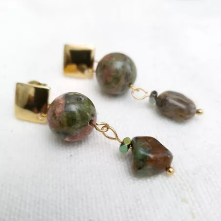 Boucles d'oreilles avec unakite vert/rose
