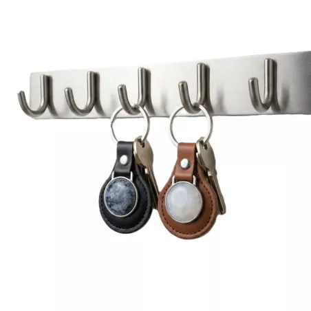 Porte-cle en simili cuir avec cabochon pierre naturelle et anneau en acier inoxydable