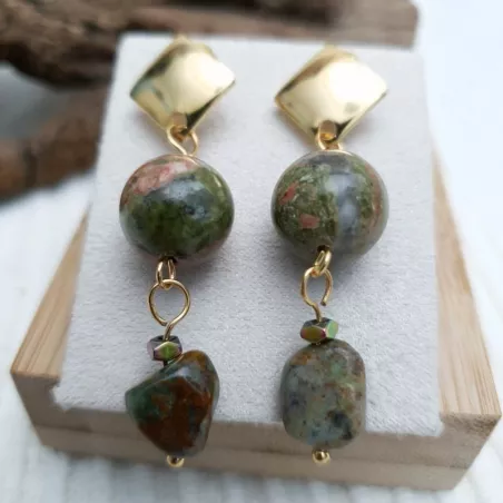 Boucles d'oreilles avec unakite vert/rose