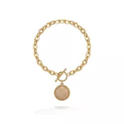 Bracelet chaîne acier inoxydable avec pendentif  quartz rose pierre naturelle ronde sur fond blanc