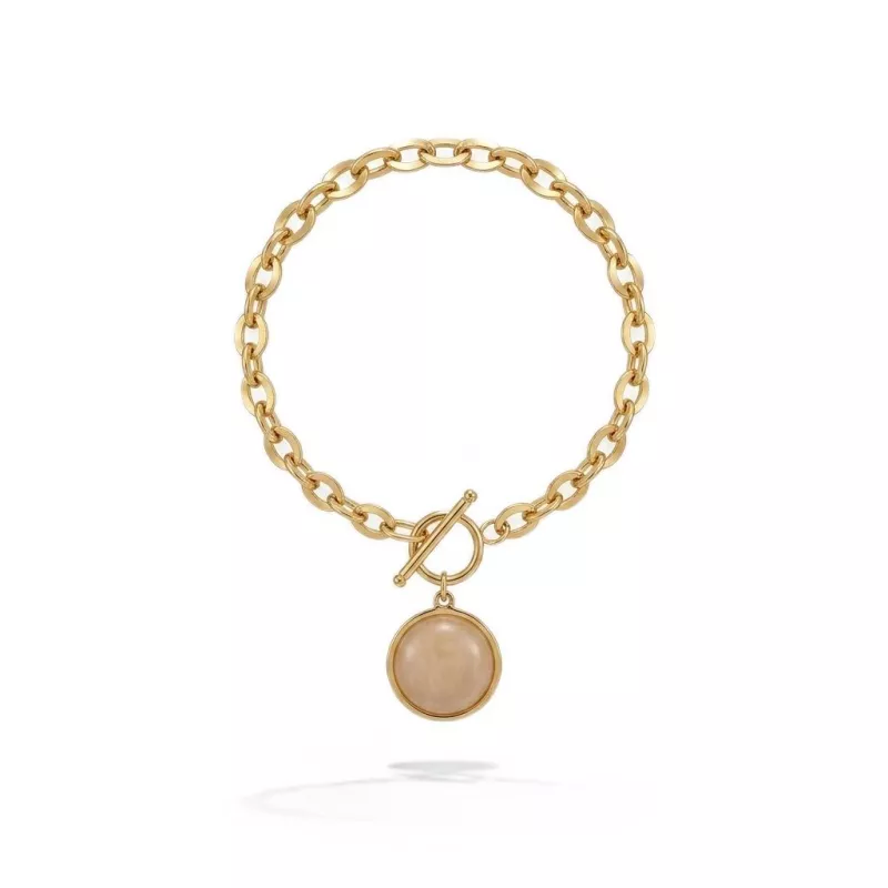 Bracelet chaîne acier inoxydable avec pendentif  quartz rose pierre naturelle ronde sur fond blanc