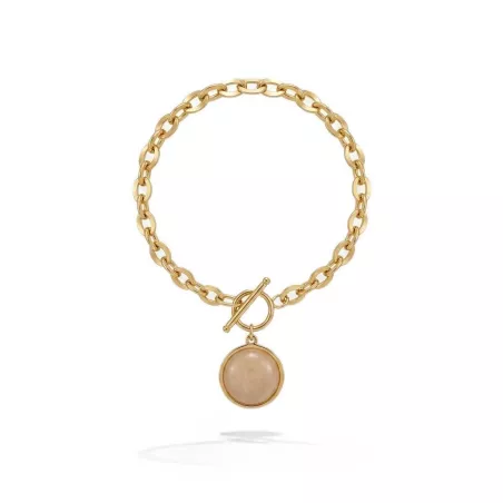 Bracelet chaîne acier inoxydable avec pendentif  quartz rose pierre naturelle ronde sur fond blanc