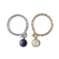 Bracelet chaîne acier inoxydable avec pendentif pierre naturelle ronde