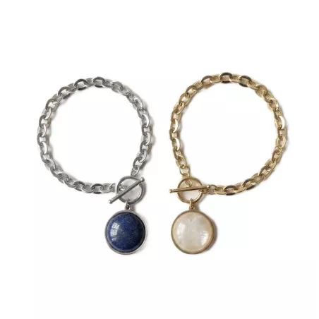 Bracelet chaîne acier inoxydable avec pendentif pierre naturelle ronde