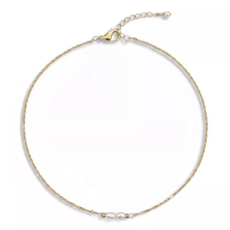 Collier fin Rusalka avec perles d eau ovales et chaine acier inoxydable doré