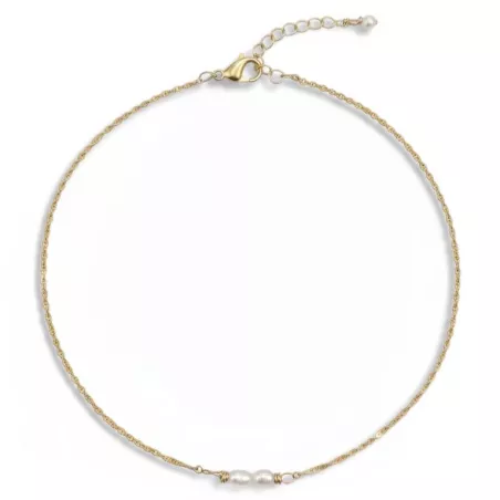 Collier fin Rusalka avec perles d eau ovales et chaine acier inoxydable doré