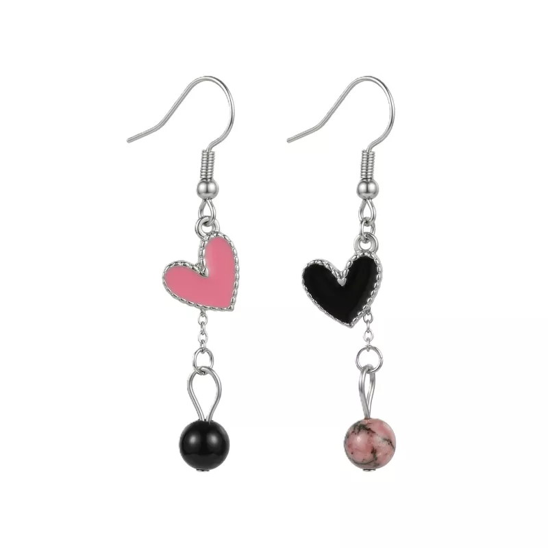boucles passion avec un coeur et pierre naturelle, acier inoxydable argenté, rose, noir, fond blanc