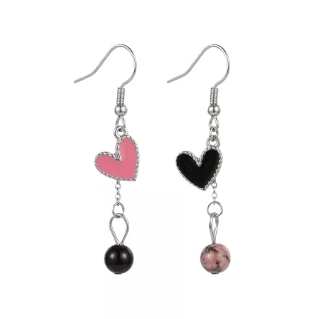 boucles passion avec un coeur et pierre naturelle, acier inoxydable argenté, rose, noir, fond blanc