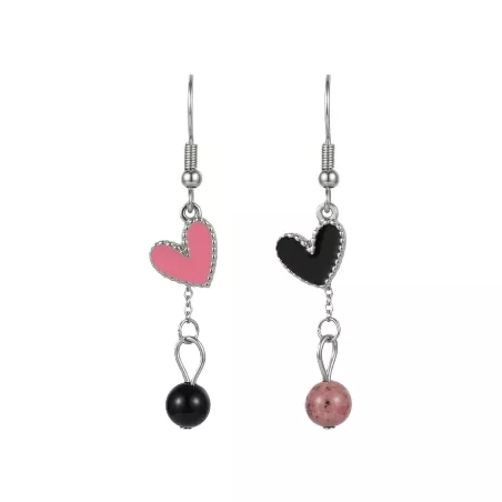boucles passion avec un coeur et pierre naturelle, acier inoxydable argenté, rose noir