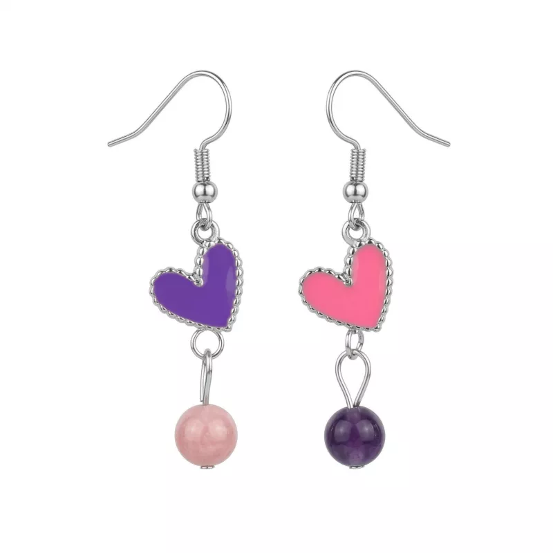 boucles passion avec un coeur et pierre naturelle, acier inoxydable argenté, rose violet sur fond blanc