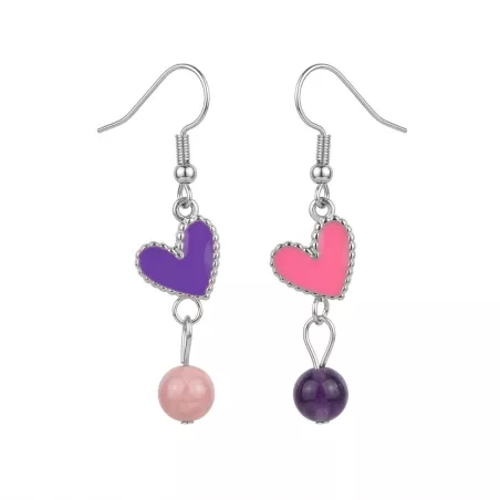 boucles passion avec un coeur et pierre naturelle, acier inoxydable argenté, rose violet sur fond blanc