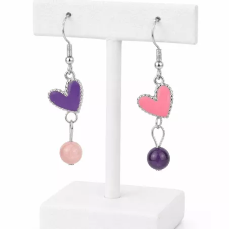 boucles passion avec un coeur et pierre naturelle, acier inoxydable argenté, rose violet , sur support