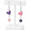 boucles passion avec un coeur et pierre naturelle, acier inoxydable argenté, rose violet , sur support