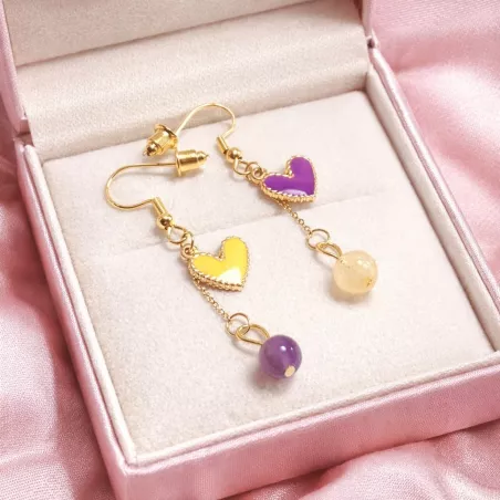 boucles passion avec un coeur et pierre naturelle, acier inoxydable doré, jaune et violet