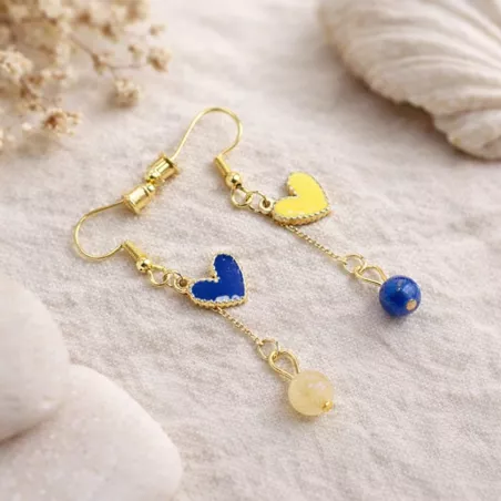 boucles passion avec un coeur et pierre naturelle, acier inoxydable doré, jaune et bleu
