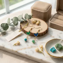 boucles passion avec un coeur et pierre naturelle, acier inoxydable doré, vert et bleu