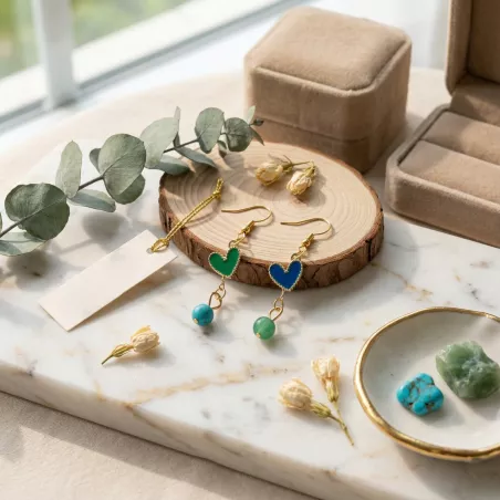 boucles passion avec un coeur et pierre naturelle, acier inoxydable doré, vert et bleu