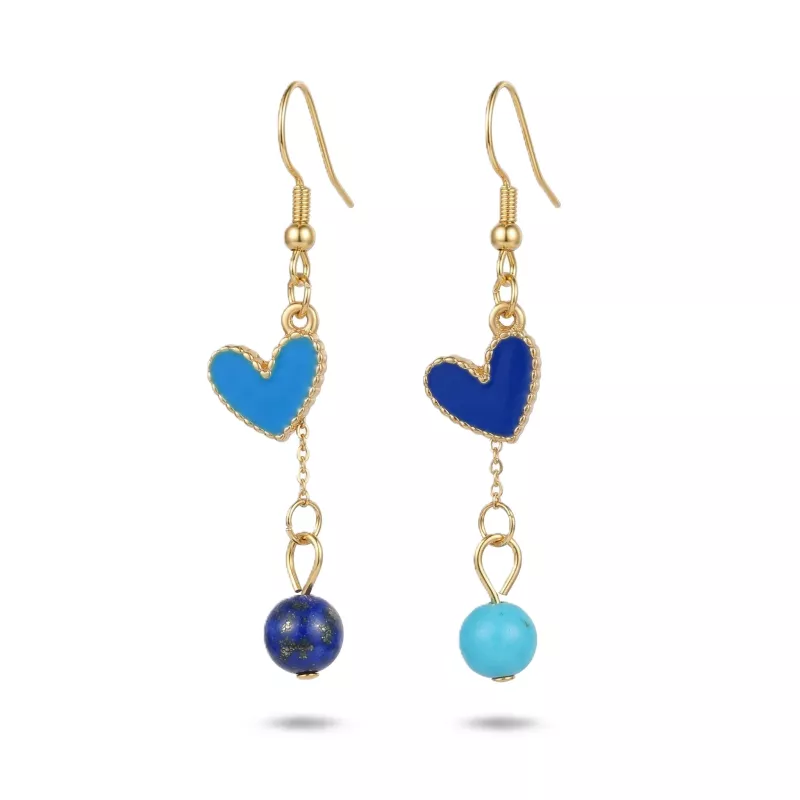 boucles passion avec un coeur et pierre naturelle, acier inoxydable doré, bleu, sur fond blanc